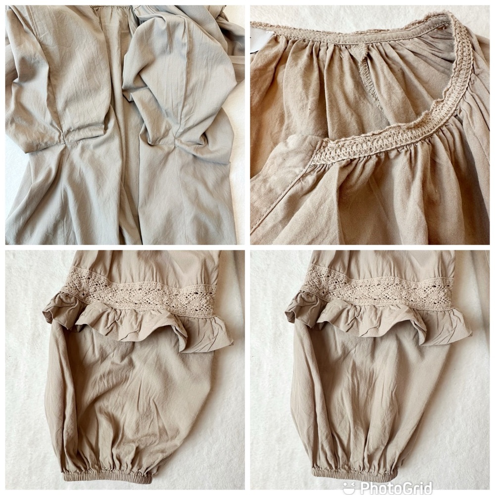Evereve Elli Top Blouse Sandstone Poplin Blouson Crochet Balloon Sleeves, M - Picture 13 of 16